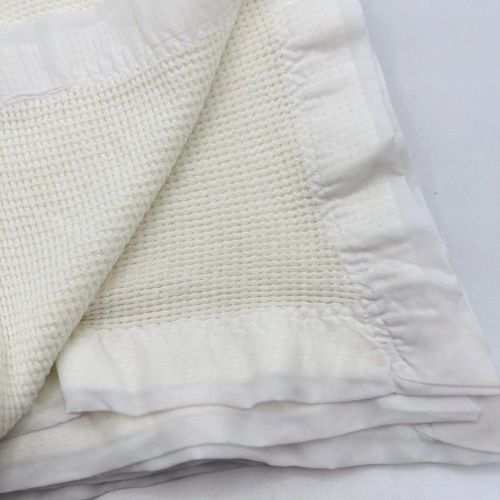 Vintage White Satin Trim Baby Blanket Lovey Waffle Weave 39